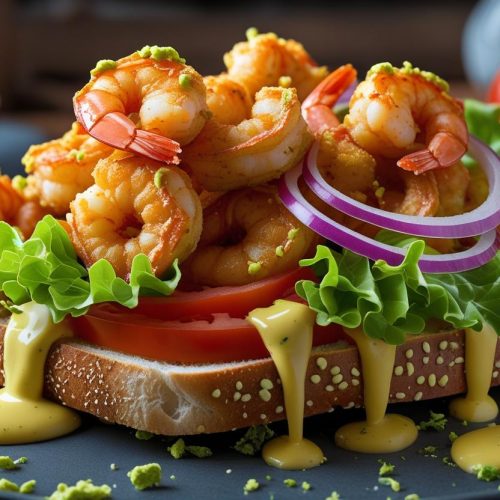 Wasabi Popcorn Shrimp Sandwich Battered shrimp in wasabi, lettuce, tomato, onion, cheese sauce in panini bread.