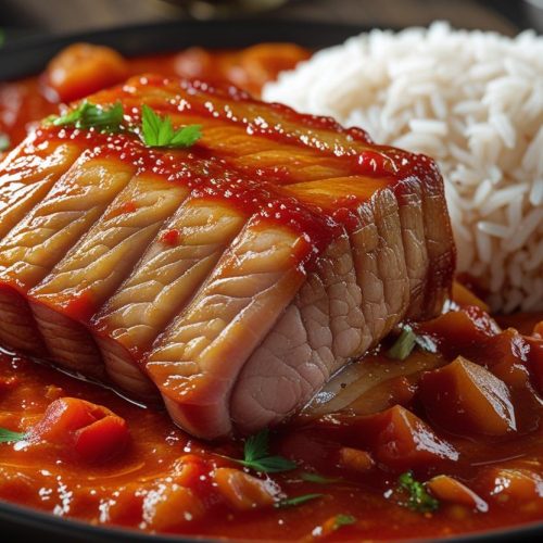 Braised pork belly in tomato sauce with jasmine rice.