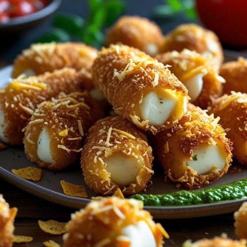Cheese Croquettas Mozzarella and cheddar cheese rolled in breadcrumbs and tortilla chips, served with tomato concasse and pesto sauce.