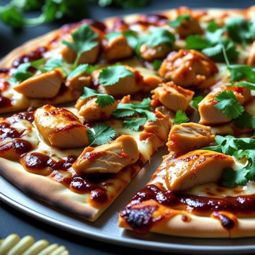 Chicken adobo pizza topped with julienne potato chips.