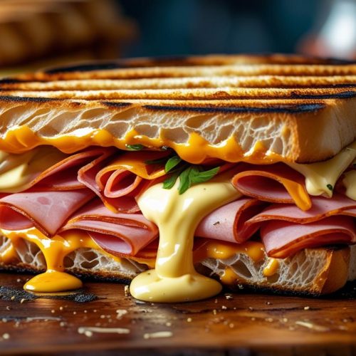 DC ham with cheese sauce and mayo in panini bread.