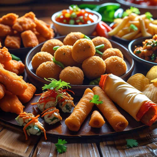 Buffalo Tenders, Chicharon Bulaklak, DC Fish Balls, Spicy Tuna Crunch, Calamares, Pork Spring Rolls, and Potato Chips on one big plate.