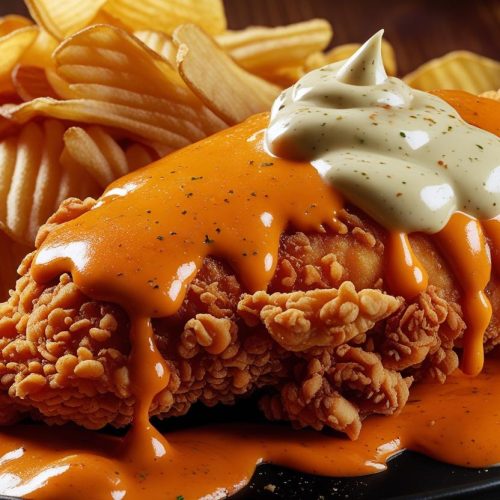 Fried chicken breast in buffalo sauce with potato chips, cheese sauce, and aioli.