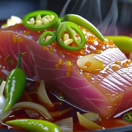 Fresh tuna in sweet and spicy vinegar sauce with onions, green chilies, and garlic.