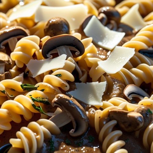 Fusilli pasta in truffle cream sauce with mushrooms and parmesan.