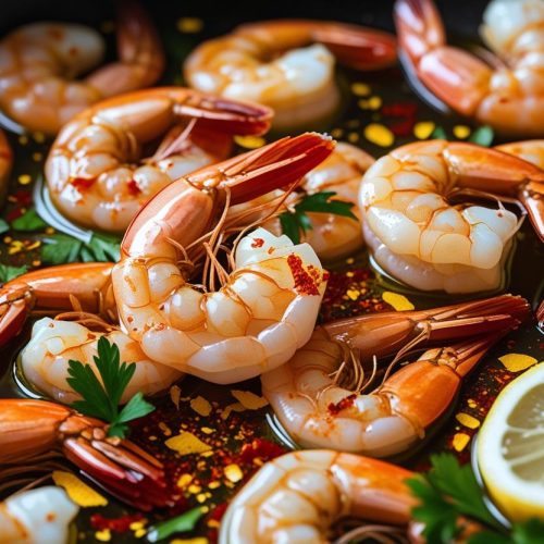 Gambas Al Ajillo Shrimp with garlic, olive oil, paprika, red pepper flakes, lemon zest, and parsley.