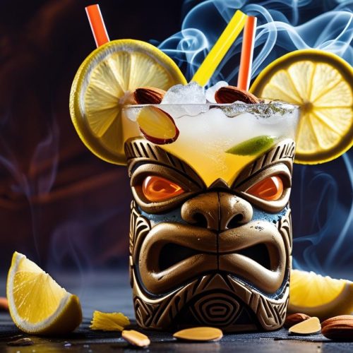 Gold Rum, Tepache, Lemon, Almond & Smoky Single Malt Whisky. Smoky, refreshing tiki-cup!_