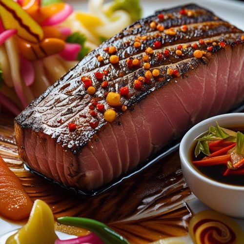 Grilled tuna loin seasoned with spices, served with soy sauce and pickled vegetables.​
