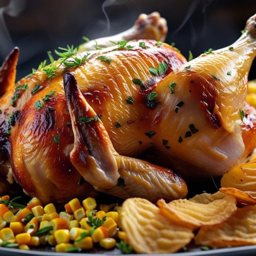 Whole spring chicken with herbs, cajun corn, gravy, and potato chips.