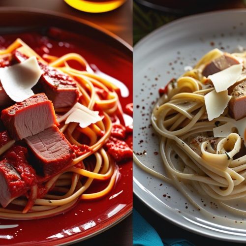 Italian pasta with pork cheeks, Pecorino, and egg yolk.