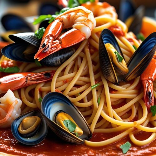Linguini in marinara sauce with shrimp, mussels, and clams.