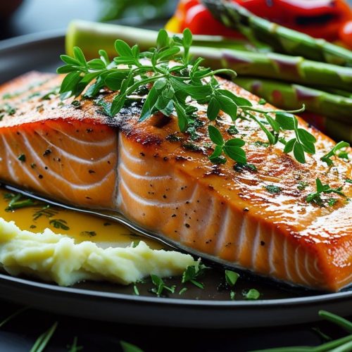 Oven-baked salmon with herbs, grilled vegetables, and mashed potato.
