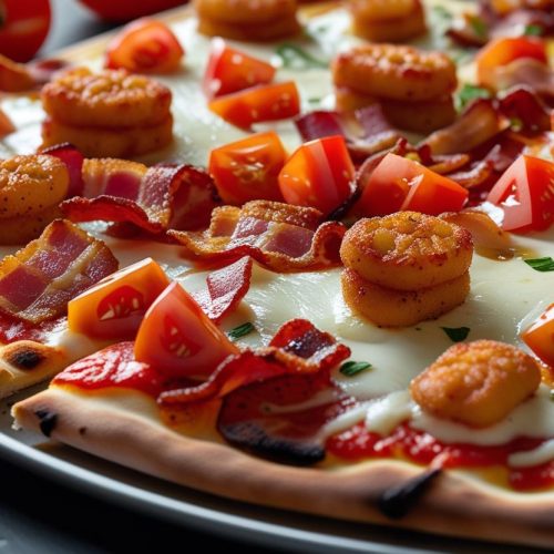 Pizza with crispy spam, bacon, diced tomatoes, and mozzarella.