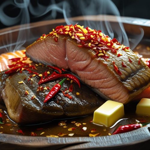 Stir-fried, flavored with Worcestershire, butter, garlic, and red chili pepper flakes.