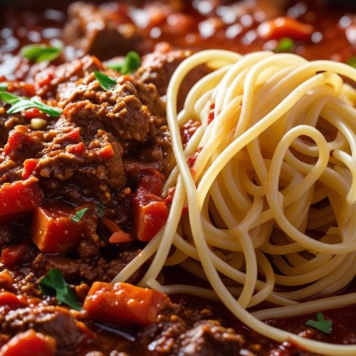 Spaghetti with beef Ragu simmered in red wine.