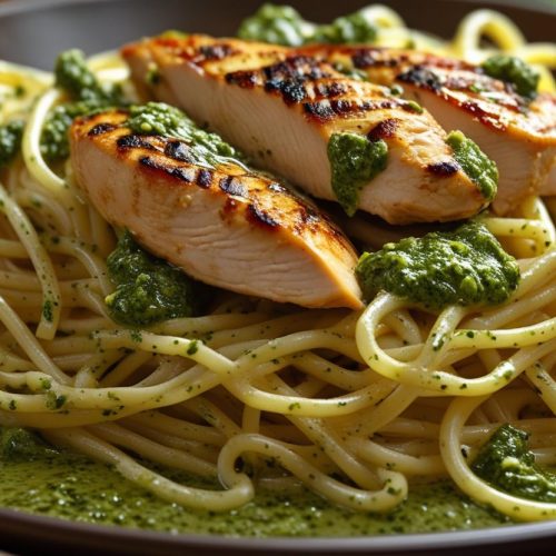 Spaghetti with pesto cream sauce and grilled chicken.