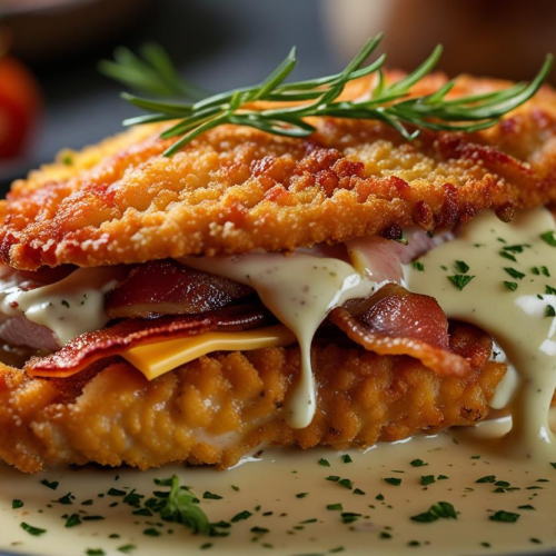 Chicken cordon bleu with bacon and cheese, glazed with creamy white sauce.